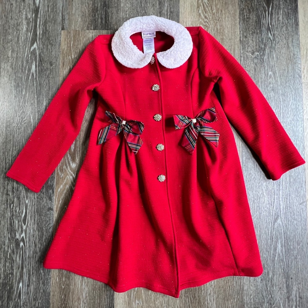Blueberi Boulevard Dress Kids 10 Red Plaid Bows Faux Fur Collar BBHGH82